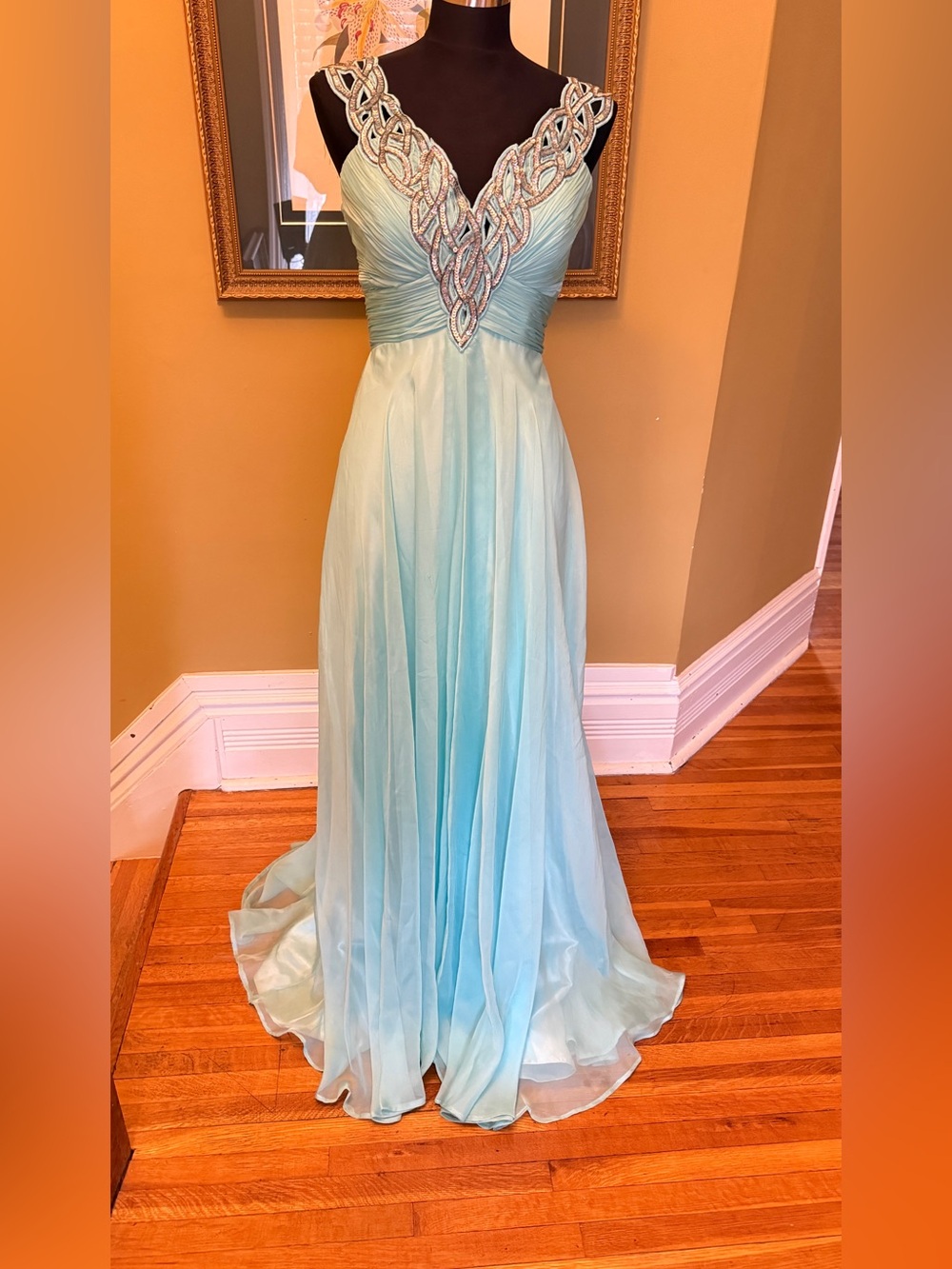Mac Duggal Light Blue Beaded V-Neck Evening Gown